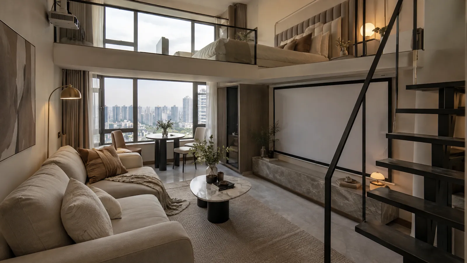 东客站托管房源 A 间 Loft,上层卧室下层沙发与投影幕布