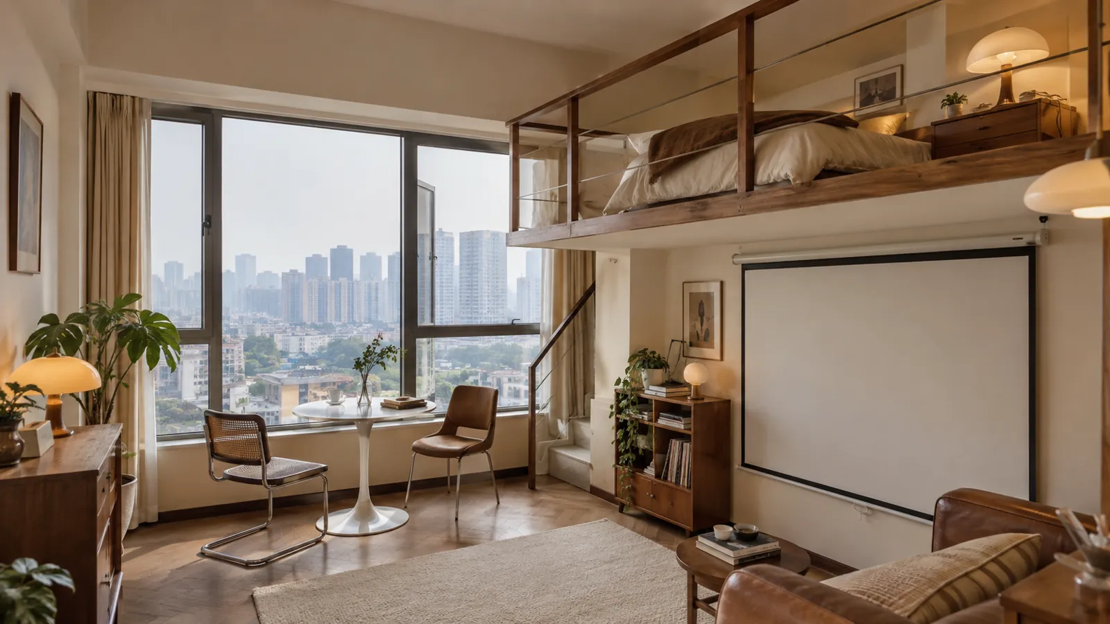 东客站托管房源 B 间 Loft,上层卧室下层餐桌与投影幕布