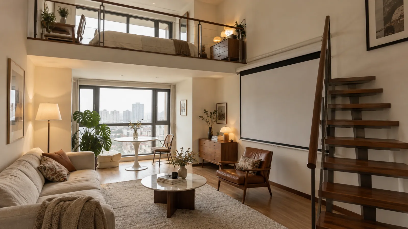 建设路托管房源 B 间 Loft，楼梯通往上层卧室，下层起居与投影幕布