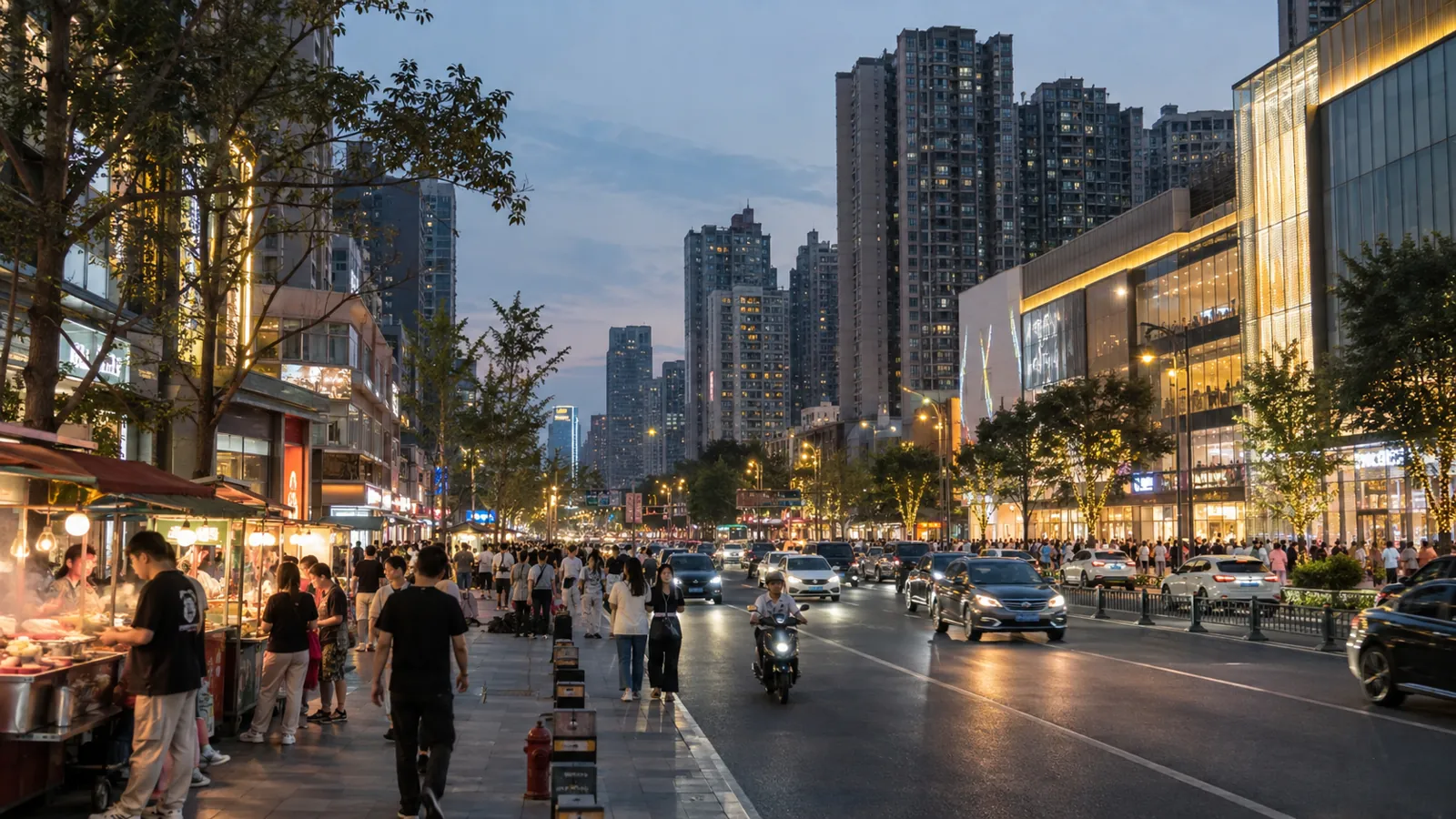 成都建设路商圈傍晚街景