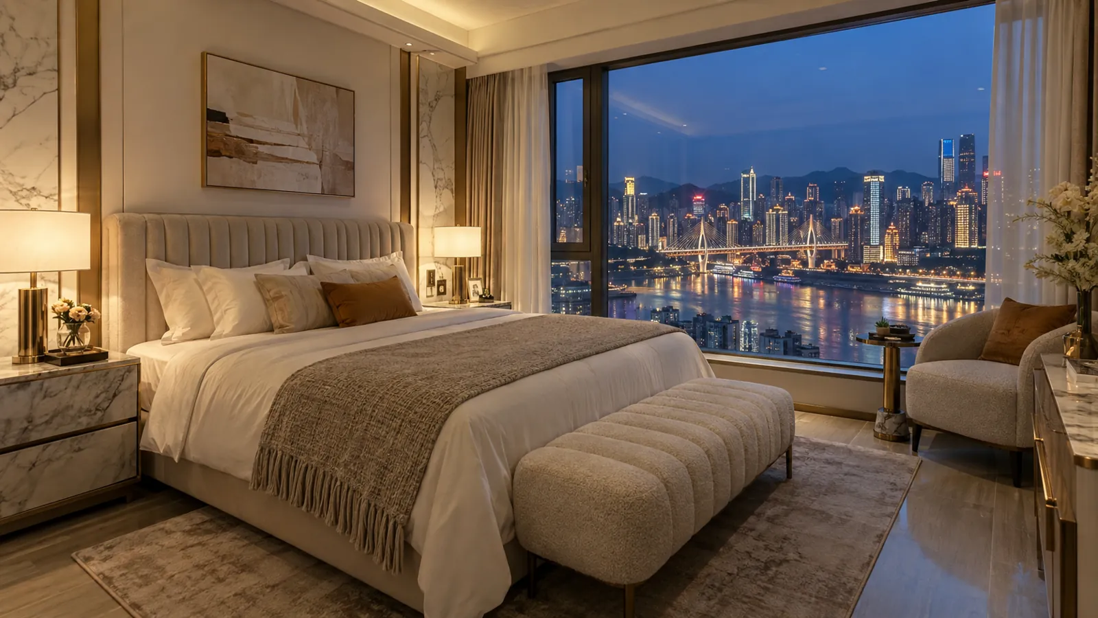 解放碑托管房源江景大床房夜景,窗外是重庆江岸灯光