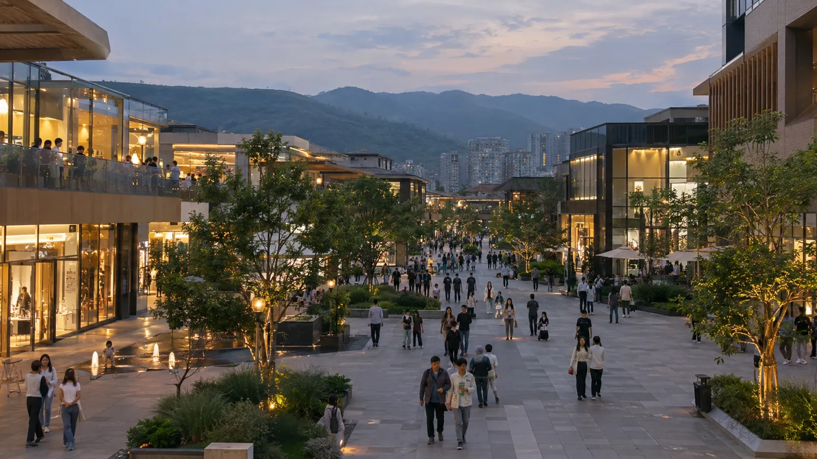 成都龙泉驿新商业街区傍晚,远处是龙泉山