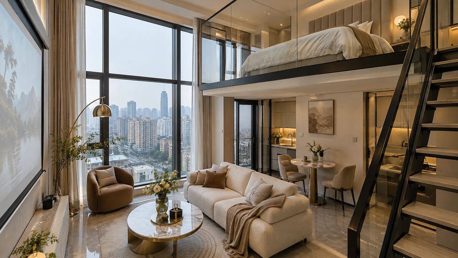 龙泉驿托管房源 LOFT 单间,挑高落地窗,楼梯通往上层卧室