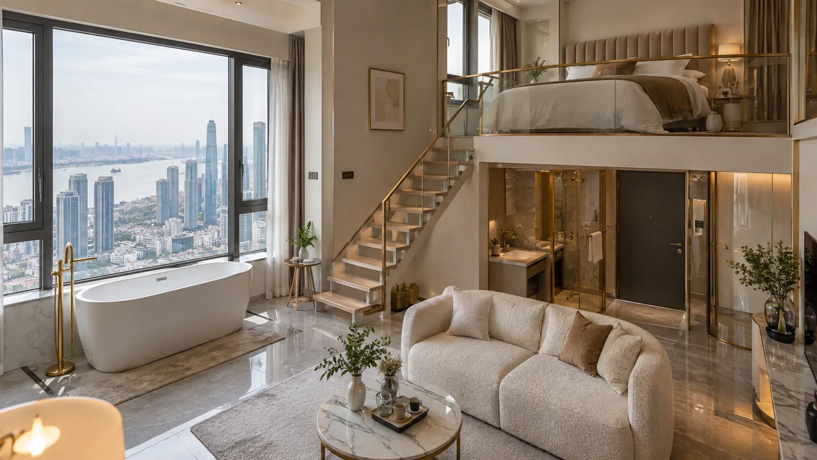 燕子矶托管房源 A 间 Loft,窗边浴缸,楼梯通往上层卧室
