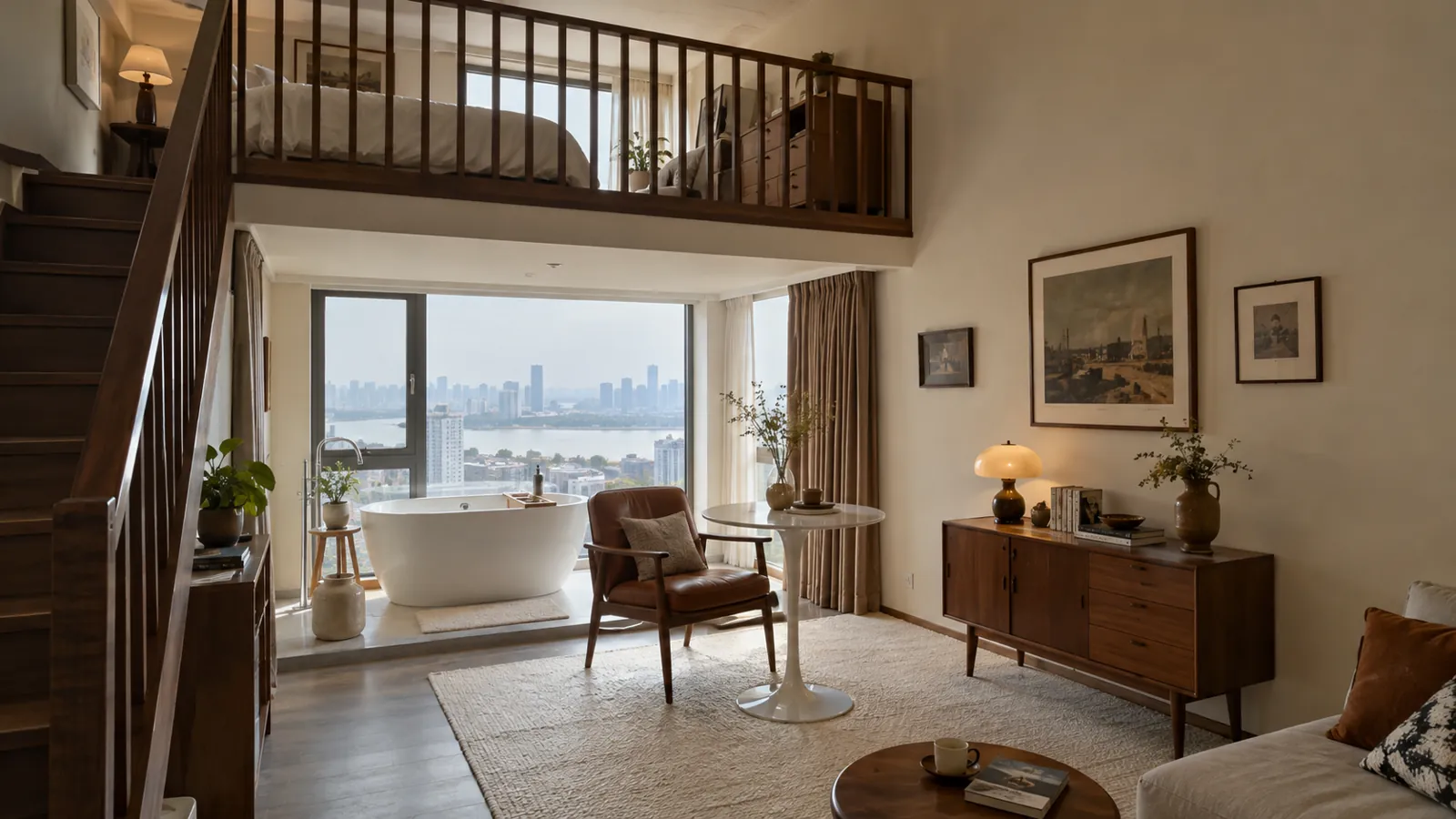 燕子矶托管房源 B 间 Loft,上层卧室下层浴缸与小圆桌